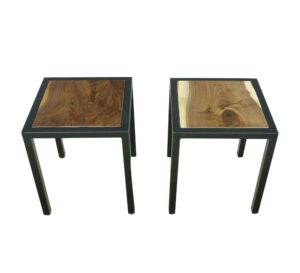 Pair of square side tables with black steel frames and walnut tops shown side by side.
