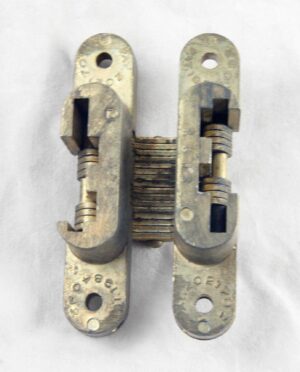 Brass invisible hinge with a dull finish, shown closed in a front view with the leaf plates and central barrel visible.