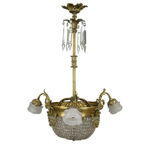 Chandeliers - Antique Art Nouveau Crystal & Brass Chandelier