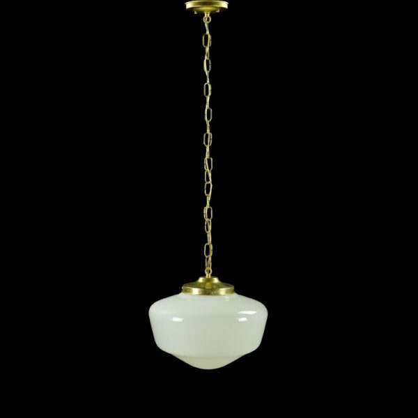 Schoolhouse pendant light with a white milk glass shade, polished brass chain, and canopy, shown hanging against a plain black background.