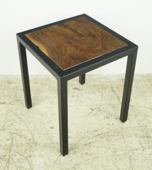Square side table with a walnut top and black steel frame, shown at an angle with four straight legs.