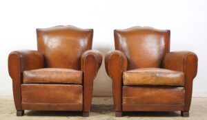 Seating - Pair of Vintage Brown Leather French Moustache Club Chairs
