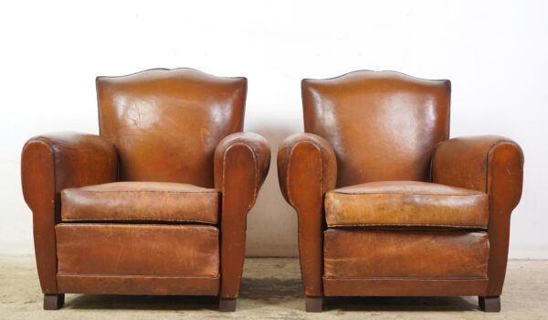 Seating - Pair of Vintage Brown Leather French Moustache Club Chairs