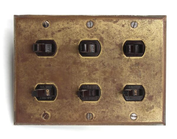 Lighting & Electrical Hardware - Reclaimed Six Gang Brass Electrical Switch Plate