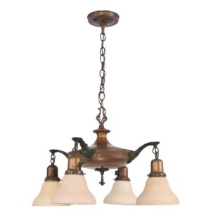 Video of 1920s Antique Colonial Revival Brass 4 Arm Pan Chandelier Light.