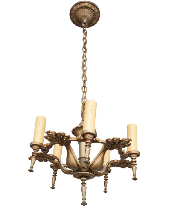 Chandeliers - Rewired Ornate Pot Metal & Brass 5 Arm Chandelier