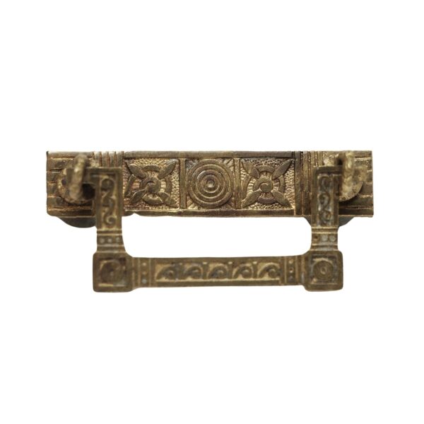 Antique brass drawer pull with an Aesthetic pattern, shown front view with two vertical handles and decorative engraved panels.