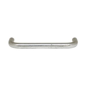 Chrome drawer pull shown horizontally with curved ends and visible age wear on the finish.
