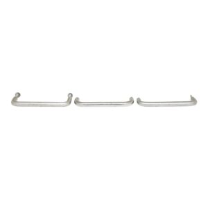 Three chrome drawer pulls shown side by side, each with a curved bar and rounded ends, viewed from above to show the modern style hardware.