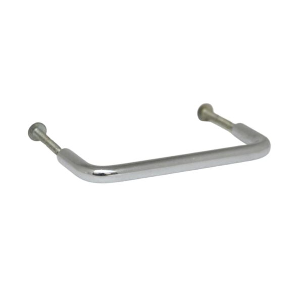 Chrome drawer pull with a thin U-shaped bar and two mounting posts, shown at an angle.