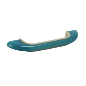 Mid century plastic bridge pull with a blue handle and white edging along the back and sides, shown in a side view.