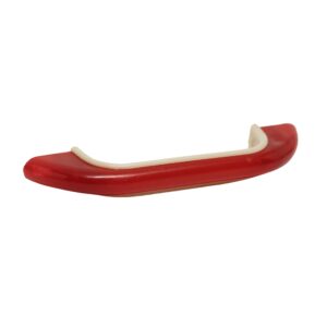 Mid century bridge drawer pull in red plastic with off-white edging along the handle, shown in profile view.