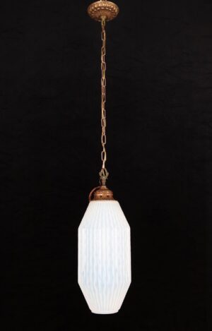 Down Lights - Mid Century Ribbed Opalescent Glass Brass Chain Pendant Light