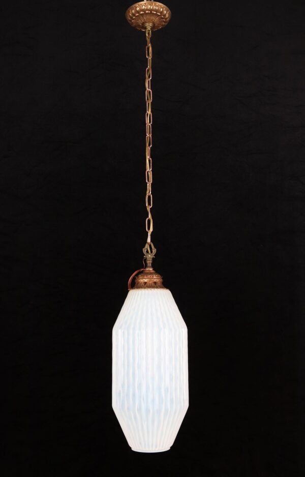 Down Lights - Mid Century Ribbed Opalescent Glass Brass Chain Pendant Light