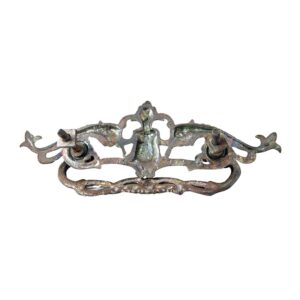 Ornate Victorian dresser bail pull in an antique brass finish, shown front view with cutout detailing and two mounting posts.