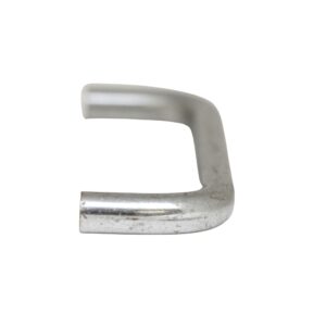 Chrome drawer pull with a curved rectangular shape, shown in close-up with visible age wear and scratches on the finish.