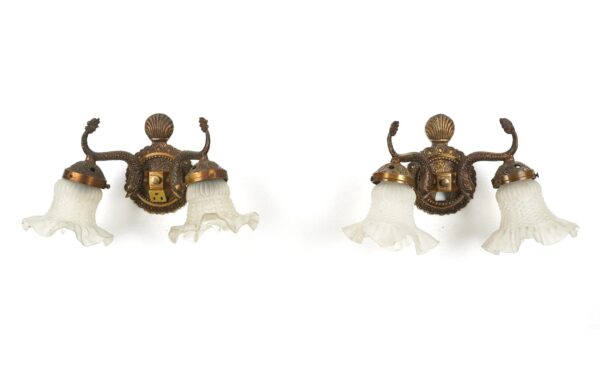 Sconces & Wall Lighting - Pair of 1950s Brass Figural Wall Sconces with Ruffled Shades