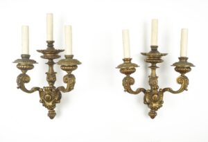 Sconces & Wall Lighting - Pair of Antique French Empire Bronze Triple Arm Wall Sconces
