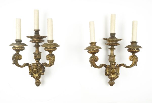 Sconces & Wall Lighting - Pair of Antique French Empire Bronze Triple Arm Wall Sconces