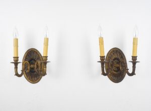 Sconces & Wall Lighting - Pair of French Floral Beaded Bronze 2 Arm Wall Sconces