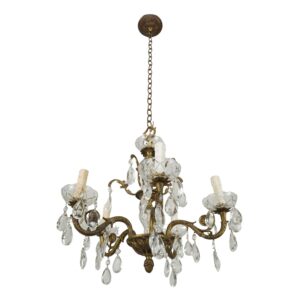 Chandeliers - French Brass Glass & Crystal Five Arm Chandelier