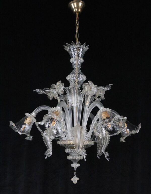 Chandeliers - Large Vintage Clear Six Arm Murano Glass Chandelier