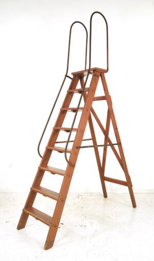 Exclusives - Antique Red Wooden Ladder with Steel Handles