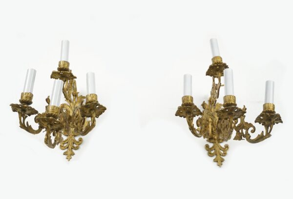 Sconces & Wall Lighting - Pair of Antique Rococo Brass Four Arm Wall Sconces