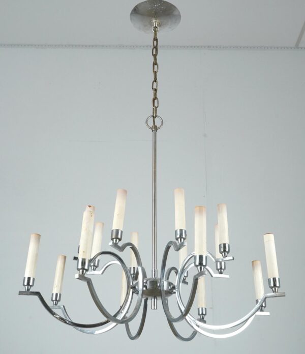 Chandeliers - French Art Deco Eight Arm Nickeled Brass Chandelier