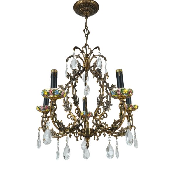 Chandeliers - Rococo Five Arm Brass Crystals & Porcelain Chandelier