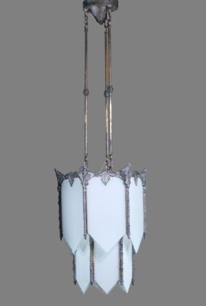 Down Lights - Art Deco White Slag Glass & Nickel Frame Pendant Light