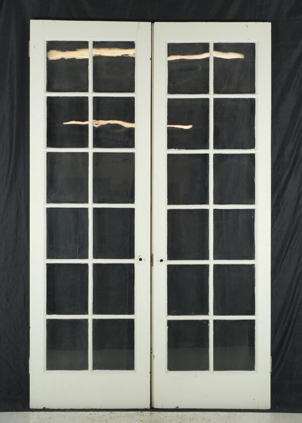 French Doors - Vintage Twelve Lite White Wood French Double Doors 97.5 x 60.25 in.