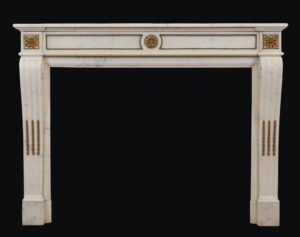 Marble Mantels - Antique Louis XVI Gilded Bronze Ormulu White Marble Mantel
