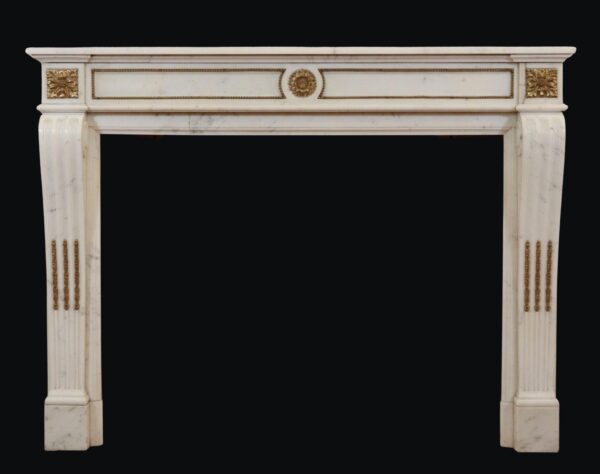 Marble Mantels - Antique Louis XVI Gilded Bronze Ormulu White Marble Mantel