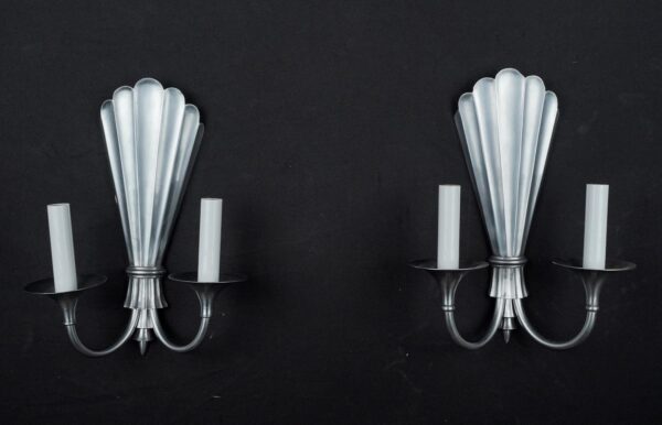 Sconces & Wall Lighting - Pair of Art Deco Pewter Two Arm Wall Sconces