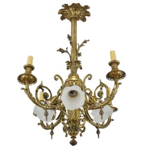 Chandeliers - French 19th Century Eight Light Bronze Frosted Shades Chandelier