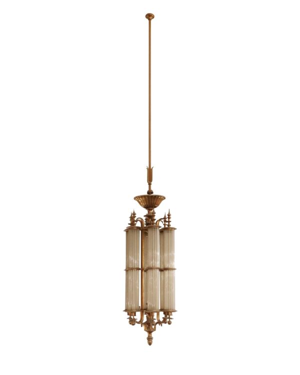 Industrial & Commercial - 1930s Art Deco Bank 11 ft. Brass Tube Glass Pendant Light