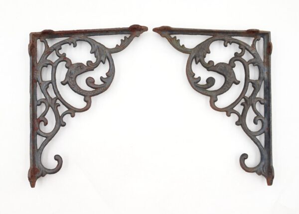 Shelf & Sign Brackets - Pair of Victorian Gray Cast Iron Scroll Shelf Brackets