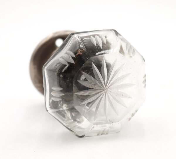 Door Knob Sets - Antique Etched Octagon Glass Brass Dummy Door Knob Set