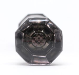 Purple glass octagon door knob with a controlled bubble X design center, shown in a front view.