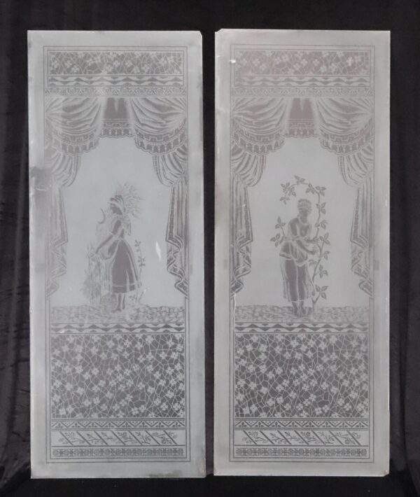 Other Glass - Pair of European Wavy Etched Glass Victorian Parlor Door Panels