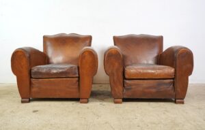 Seating - Pair of Vintage French Brown Leather Moustache Club Chairs