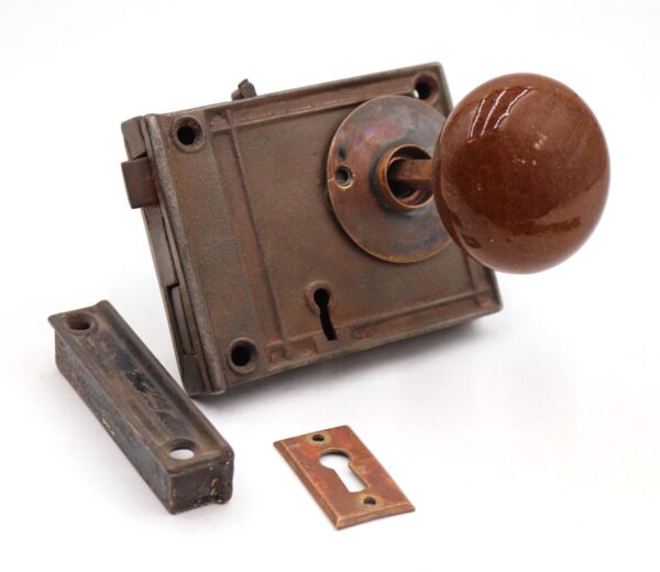 Door Knob Sets - Antique Brown Ceramic Door Knob Cast Iron Rim Lock Set