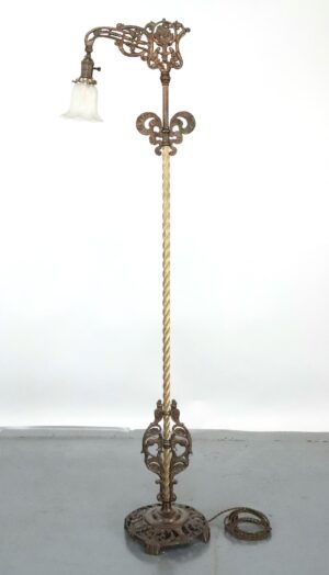 Floor Lamps - Art Nouveau Cast Iron Bridge Ruffled Glass Shade Floor Lamp