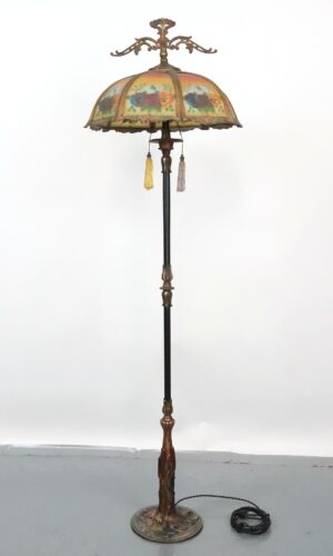 Floor Lamps - Restored Art Nouveau Reverse Painted Shade Brass Floor Lamp