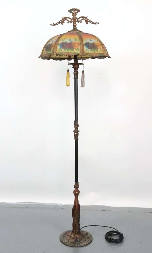 Floor Lamps - Restored Art Nouveau Reverse Painted Shade Brass Floor Lamp