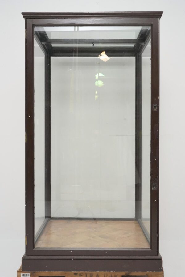 Glass display case with a brown wood frame, clear panels on all sides and top, and a light wood floor panel visible inside.