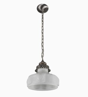 Victorian pendant light with an ornate white glass shade and a nickel-finish chain fitter.