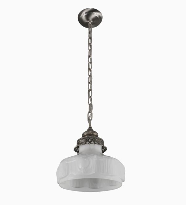Victorian pendant light with an ornate white glass shade and a nickel-finish chain fitter.