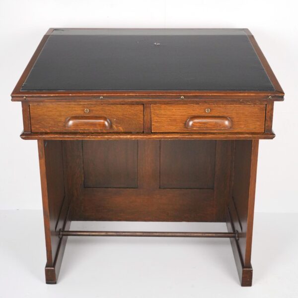 Office Furniture - Antique Black Leather Top Oak Slanted Writing Desk